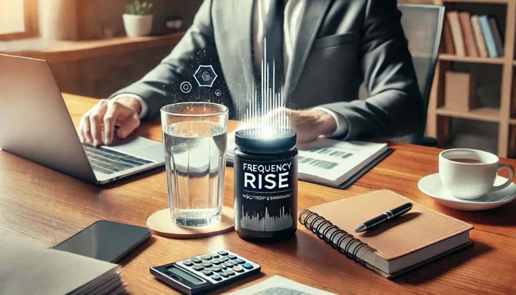 A professional workspace where an individual is taking a Frequency Rise Nootropic supplement with a glass of water, surrounded by a laptop, notepad, and coffee, representing cognitive enhancement and productivity.