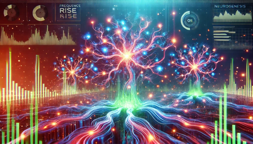 A futuristic visualization of neurogenesis, depicting glowing neurons forming new connections in a high-tech environment, symbolizing the brain's adaptability with Frequency Rise Nootropics.