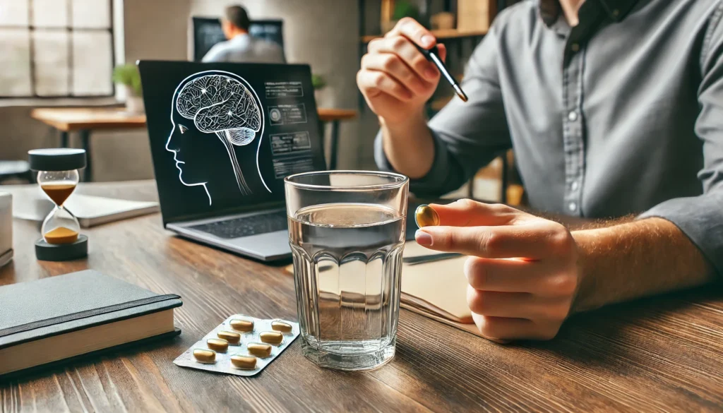 A close-up of a person taking a nootropic peptide supplement with a glass of water in a modern workspace, symbolizing cognitive enhancement, focus, and productivity."