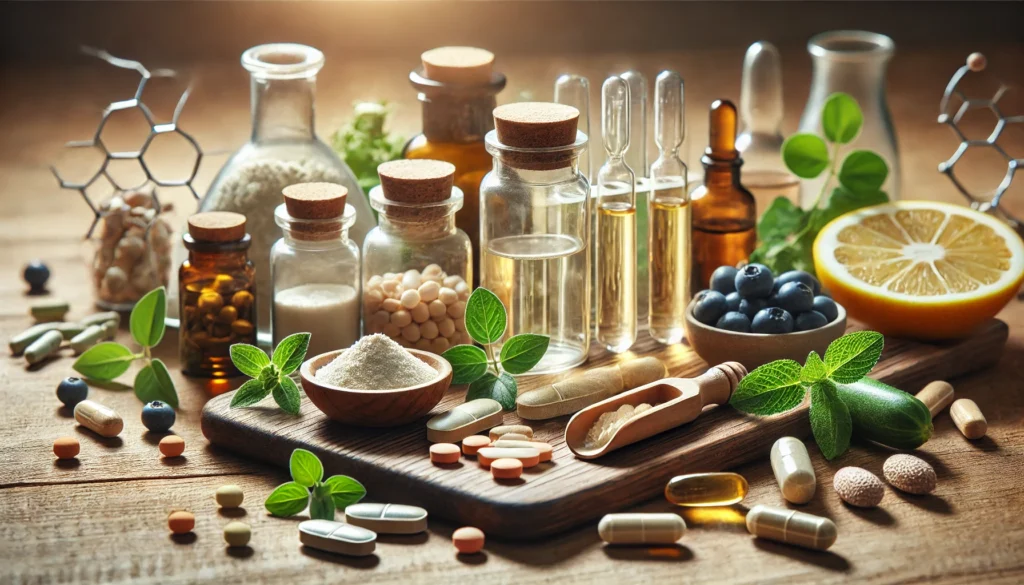 A close-up of natural nootropic peptide ingredients, including amino acids and herbal extracts, arranged on a wooden surface with soft natural light, highlighting their organic and scientific origins."