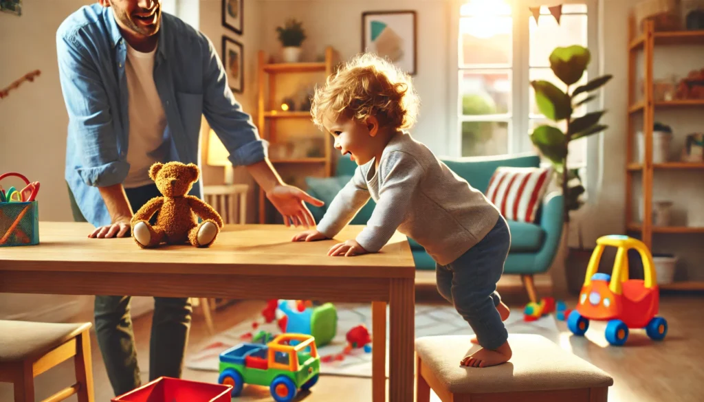 "A hyperactive toddler climbing on furniture in a bright and cheerful home setting. The toddler is playfully attempting to climb onto a table while a parent nearby gently redirects them."