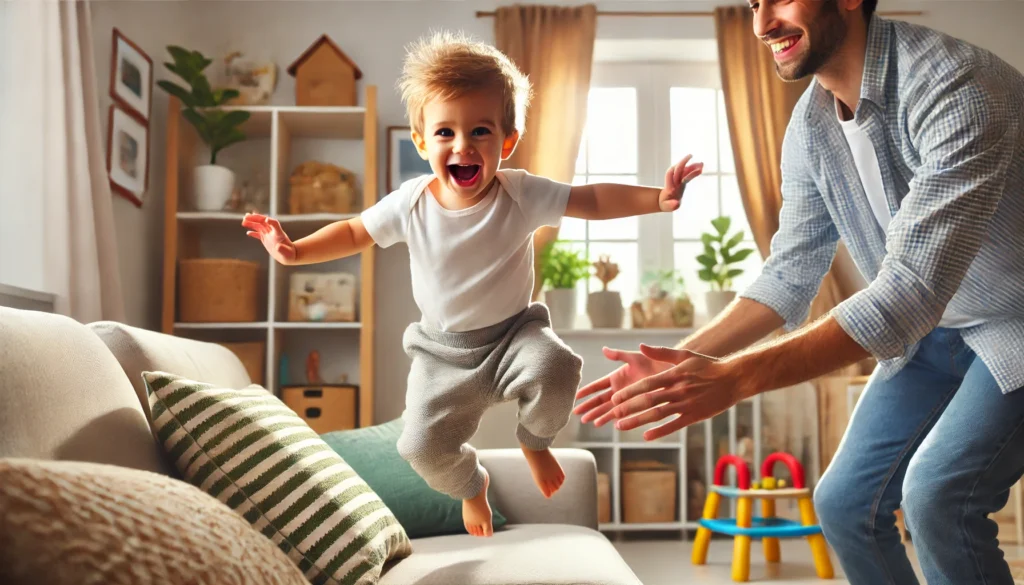 "A toddler displaying hyperactivity by jumping on a couch in a well-lit playroom. The toddler has a big smile, full of energy, while a parent gently intervenes to guide them safely."