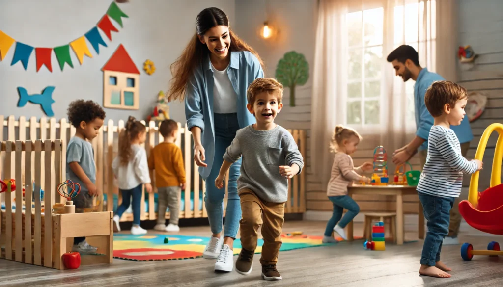 "A preschool play area where a young child with ADHD is running around energetically while other children play calmly. A caregiver is warmly guiding the child toward a structured activity in a playroom filled with colorful toys and learning materials."