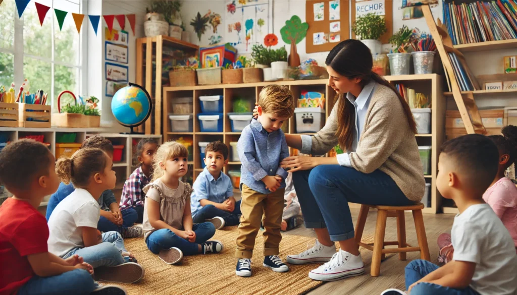 "A preschool classroom where a young child with ADHD is having trouble staying seated during storytime. The teacher is engaging the child with patience while other kids are sitting and listening in a colorful and structured environment."