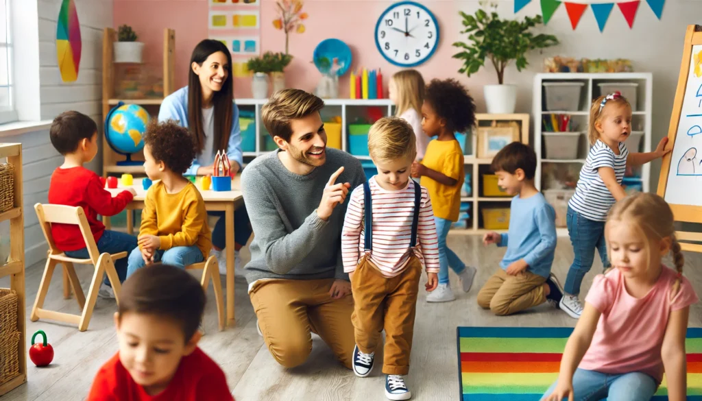 "A preschool setting with a group of children playing together. One child, showing signs of ADHD, is distracted and wandering away from the group activity while the teacher kindly redirects them. The classroom is bright and engaging with toys and learning materials."