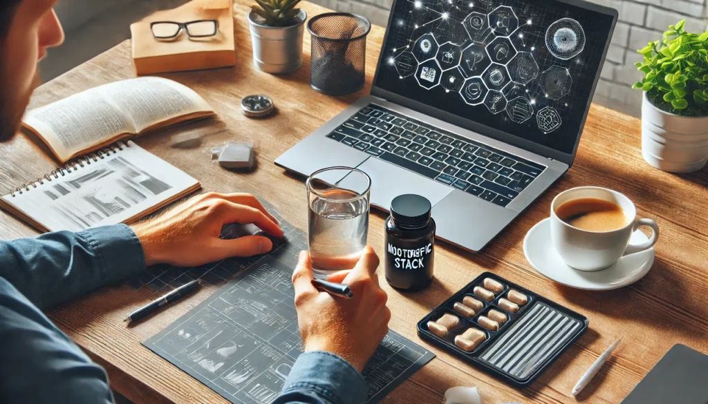 A well-organized workspace with a person taking a nootropic stack supplement with a glass of water, featuring a laptop, notebook, and coffee, symbolizing cognitive enhancement and productivity.