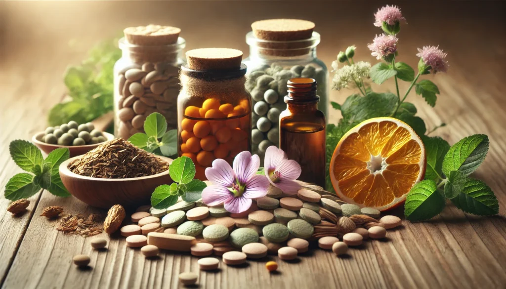 A close-up of natural nootropic stack ingredients, including Bacopa Monnieri, Rhodiola Rosea, and L-Theanine, arranged on a wooden surface with soft natural light, highlighting their cognitive-enhancing properties