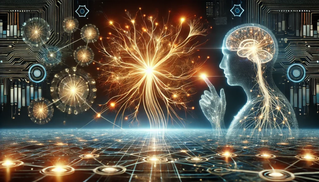 A futuristic visualization of neuroplasticity, showing glowing neurons forming and strengthening connections in a high-tech digital environment, symbolizing cognitive enhancement through nootropic stacks