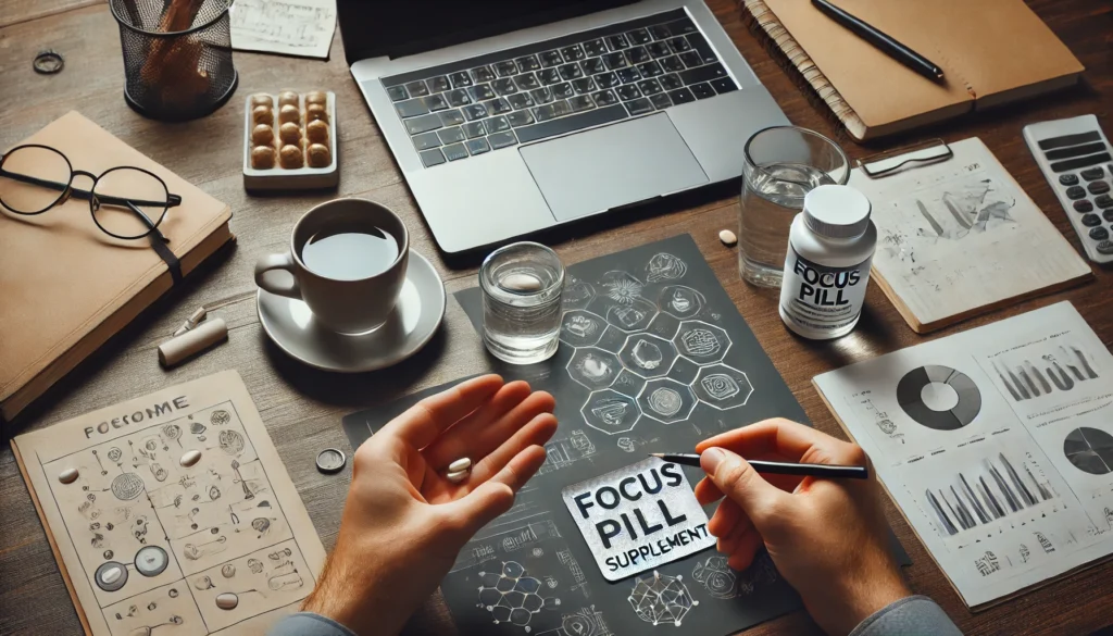 "A well-organized workspace with a person taking a focus pill supplement with a glass of water, featuring a laptop, notebook, and coffee, symbolizing cognitive enhancement and productivity."