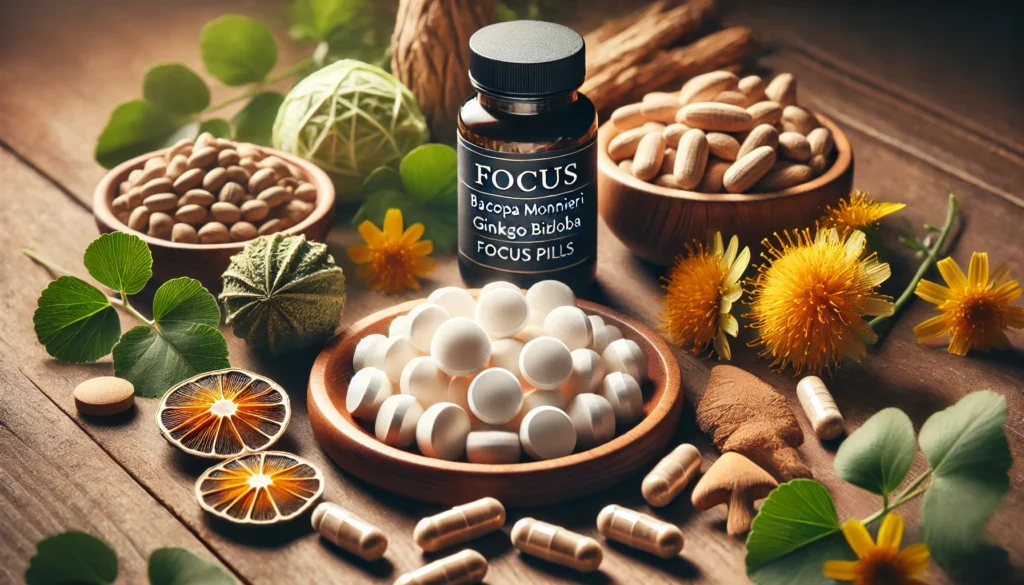 A close-up of natural nootropic ingredients used in focus pills, including Bacopa Monnieri, Ginkgo Biloba, and Rhodiola Rosea, arranged on a wooden surface with soft natural light, highlighting their cognitive-enhancing properties."