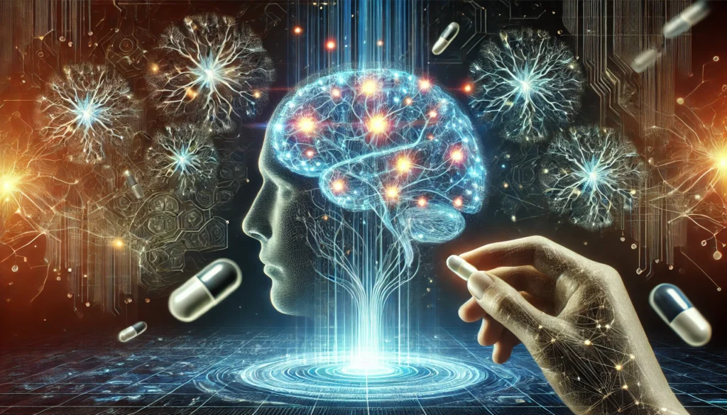 A futuristic visualization of neuroplasticity, showing glowing neurons forming and strengthening connections in a high-tech digital environment, symbolizing cognitive enhancement and brain adaptability through focus pills."