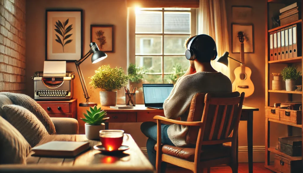 Cozy Home Office: A warm, inviting room where a person is seated comfortably, enjoying focus music. The setting includes ambient lighting, a wooden desk, a potted plant, and a cup of tea.