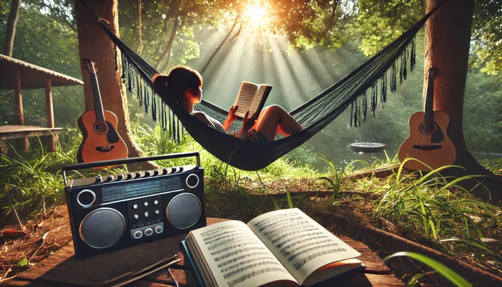 "A serene outdoor reading setting with a person lounging on a hammock, absorbed in a book, while soft jazz music blends harmoniously with soothing nature sounds."