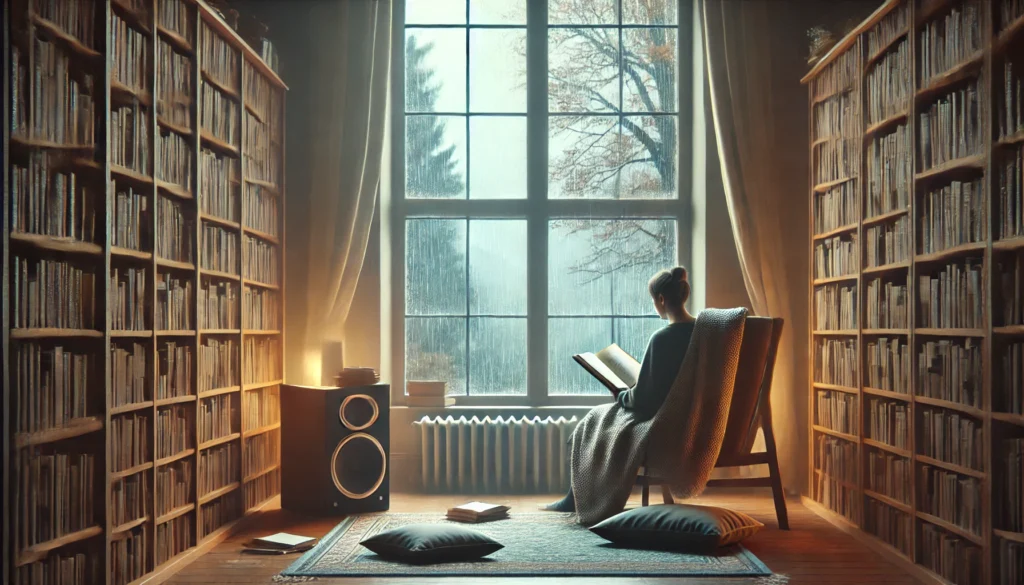 "A tranquil library scene with a reader near a large window, listening to ambient instrumental music as gentle rain falls outside, creating the perfect reading atmosphere."