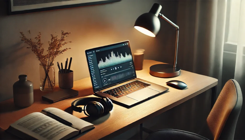 "A minimalist study setup with noise-canceling headphones, a sleek desk featuring a laptop displaying a calming study music songs playlist, and a warm desk lamp. The ambiance is perfect for deep concentration."