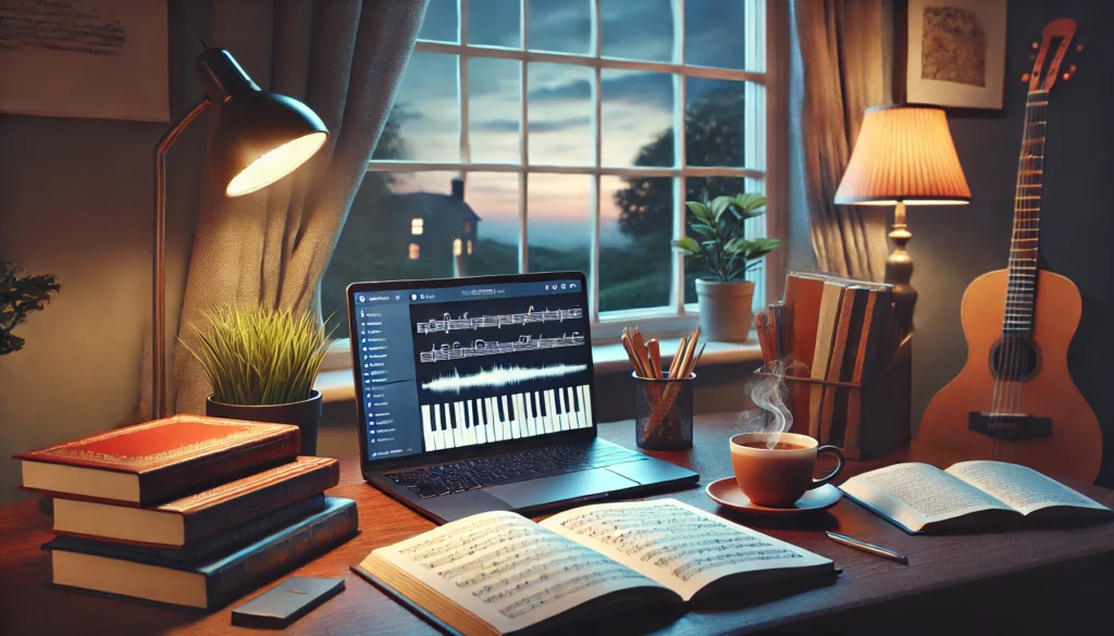 "A cozy study space with a laptop playing soft instrumental study music songs, a cup of tea, and a stack of books. A peaceful evening sky visible through the window enhances the tranquil study environment."