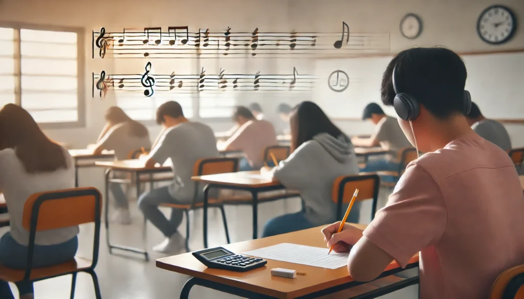 "A quiet classroom where students are taking a test, with soft background music for tests playing to help them focus. Test papers, pencils, and erasers are neatly arranged on their desks."