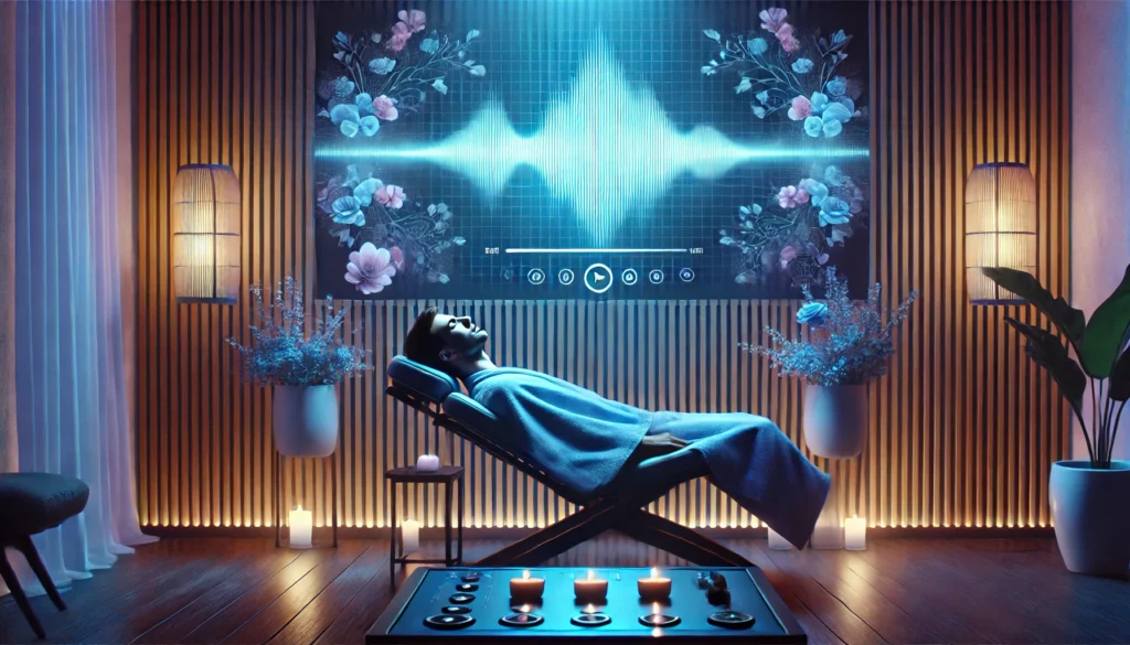 "A spa-like environment with a person resting on a massage chair, eyes closed, while soft ambient music for the brain to relax plays. The setting is illuminated with calming blue and purple lights, creating a soothing and rejuvenating atmosphere."