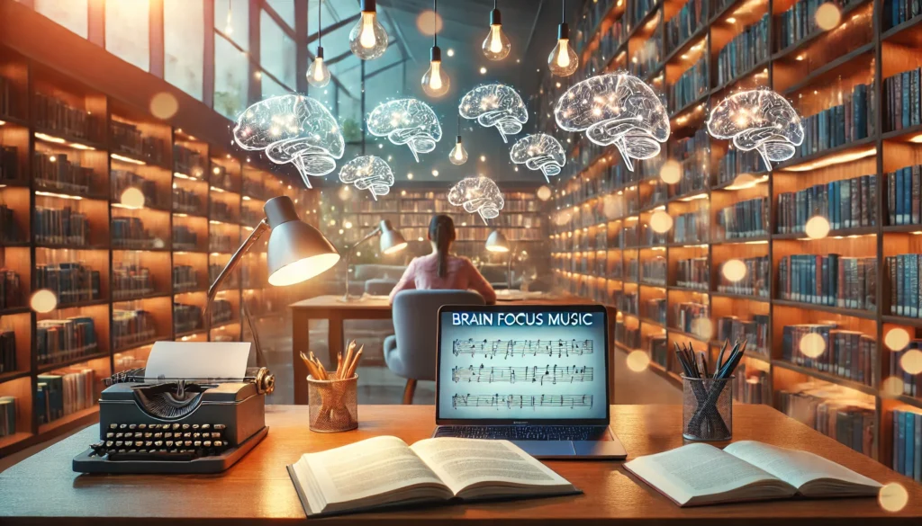 Tranquil Library Setting – A student studying with brain focus music in a peaceful library with bookshelves and soft lighting.