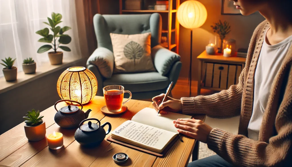 A cozy home study setup with a student journaling, applying stress management sentence examples by writing down affirmations and gratitude reflections for mental well-being.