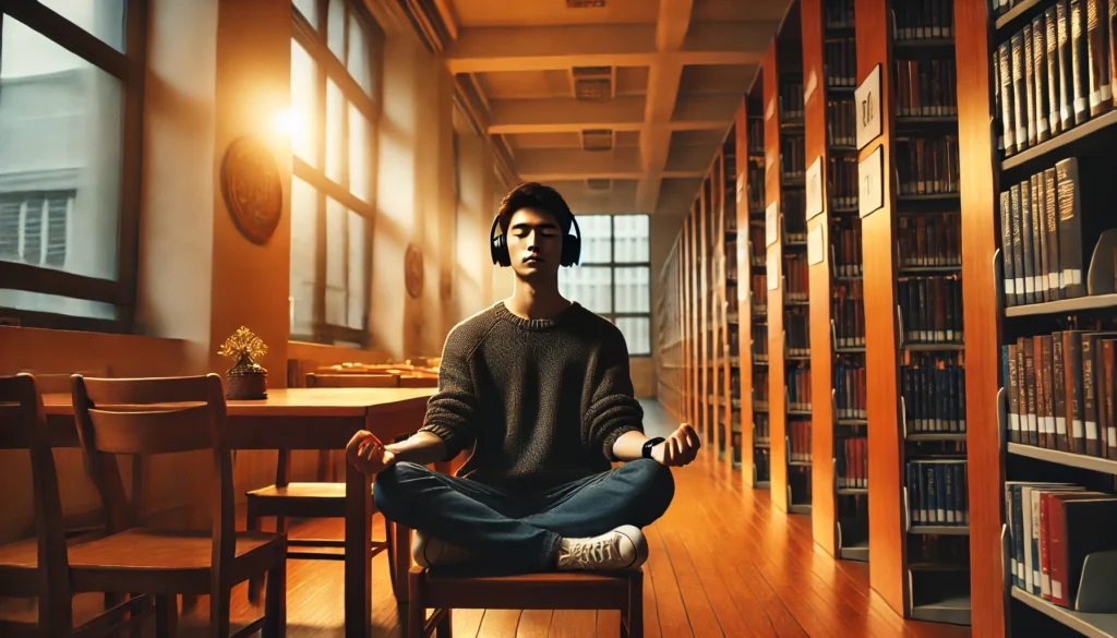 A peaceful library setting where a student is sitting at a desk, using stress management sentence examples while engaging in focused studying with a calm and composed demeanor.