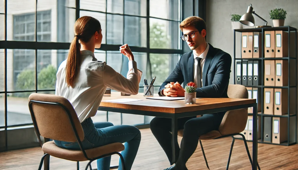 A professional interview scenario where a candidate is handling a high-pressure question with confidence. The interviewer is testing the candidate's response, creating a challenging yet professional atmosphere. The office has a modern aesthetic with natural lighting and contemporary furniture.