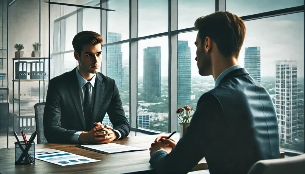 A job interview scene in a high-rise office with large windows overlooking the city. The candidate, dressed professionally, is responding to a tough stress interview question. The interviewer, with a serious expression, is observing closely while taking notes. The atmosphere is formal yet slightly intense.