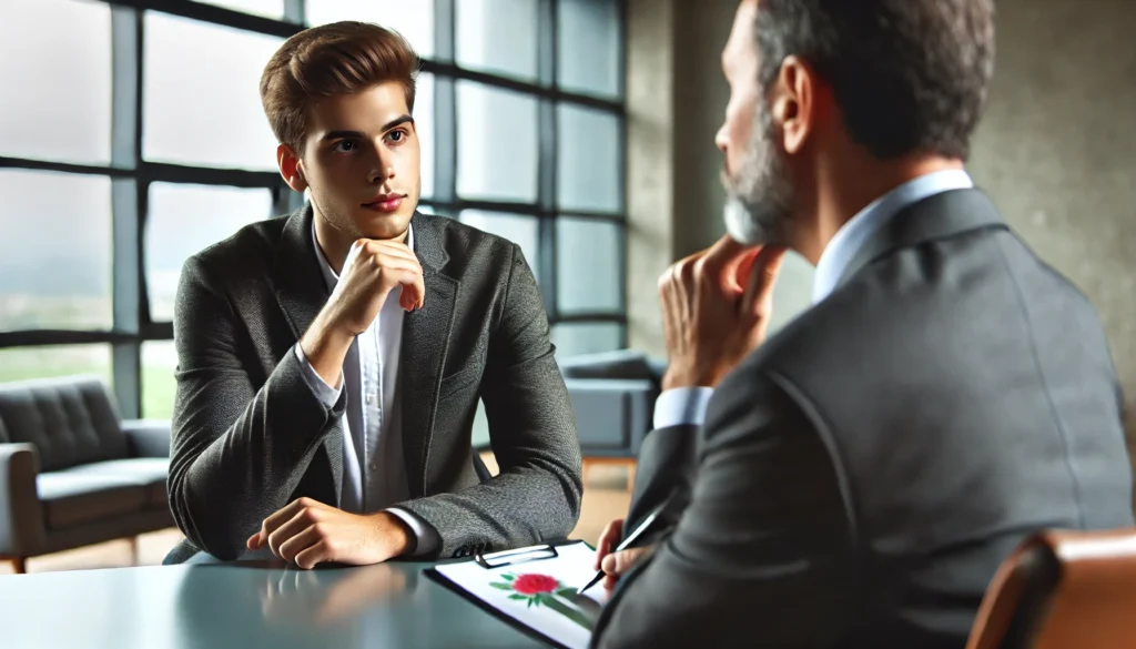 A candidate in a modern office setting answering a stress interview question with confidence. The interviewer appears skeptical, testing the candidate's composure. The office has a professional yet slightly tense atmosphere, with sleek furniture and a bright ambiance.