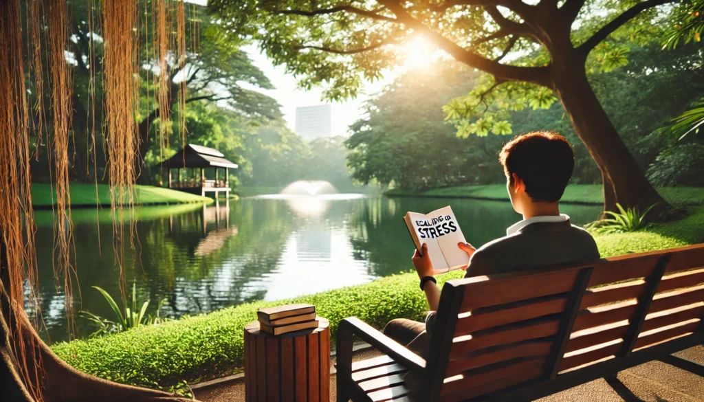 "A peaceful park setting with a wooden bench where a person is reading a book about dealing with stress. The surrounding greenery and soft sunlight create a serene and calming environment."