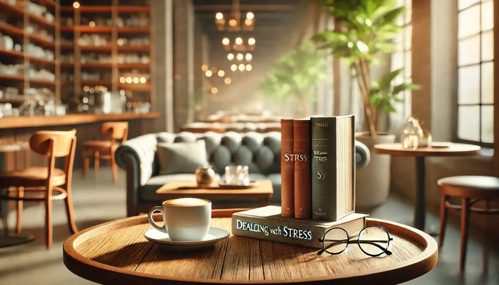 "A tranquil coffee shop setting with a wooden table featuring books about dealing with stress. A cup of coffee and reading glasses rest next to the books, creating a relaxing atmosphere."