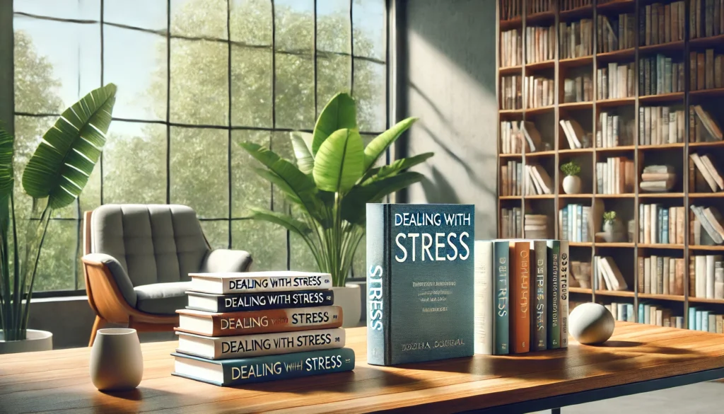 "A modern library setting with books about dealing with stress neatly arranged on a wooden table. A large window lets in natural daylight, enhancing the serene reading environment."