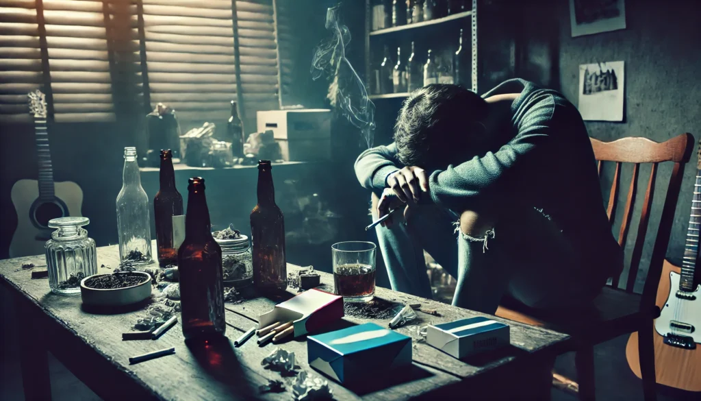 "A dimly lit room where a person is dealing with emotional stress in an unhealthy way, such as excessive drinking or smoking. The individual appears isolated, with a cluttered table filled with empty bottles, cigarettes, and signs of distress, conveying a sense of emotional exhaustion."