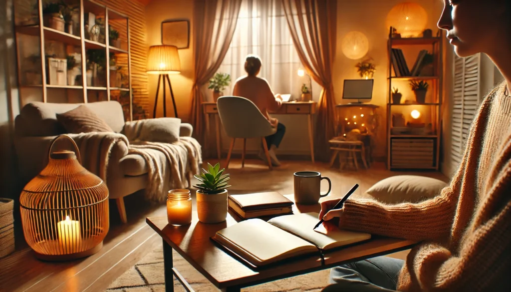 "A cozy home setting where a person is journaling as part of a stress management intervention. The room has warm lighting, a comfortable chair, and a desk with a notebook open, reflecting a calming and introspective atmosphere."