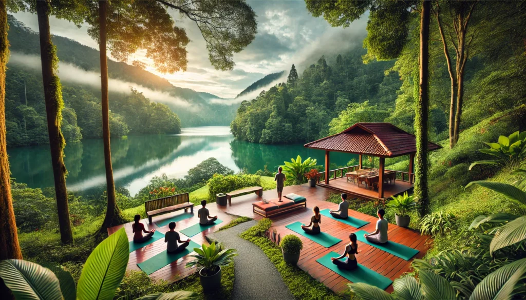 "A tranquil nature retreat where a group of individuals is engaged in outdoor stress management interventions, including yoga and mindfulness meditation. The setting is lush with greenery, a scenic lake, and a peaceful, rejuvenating environment."