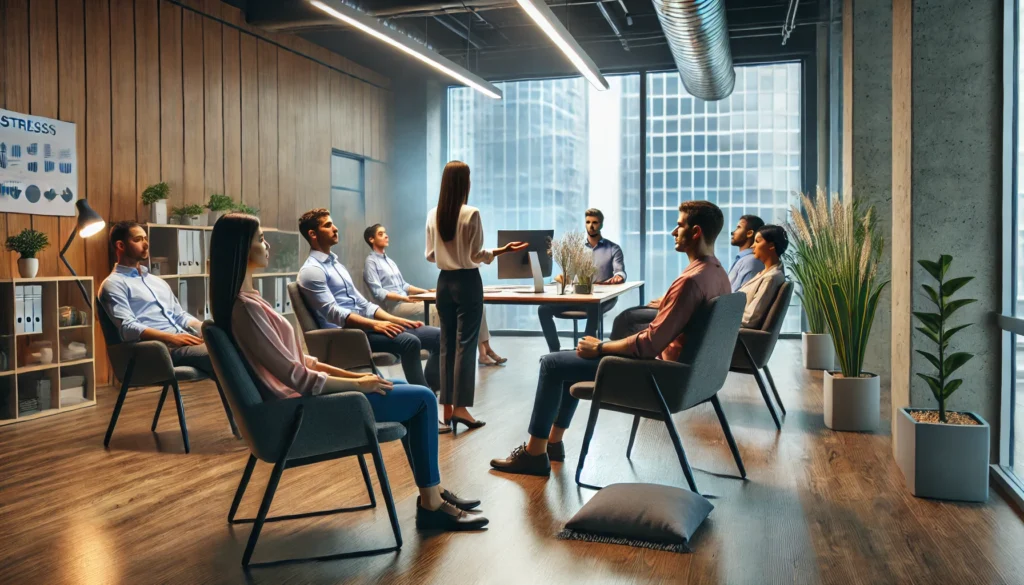 "A modern office space where employees are participating in a stress management intervention session. A wellness coach is guiding a relaxation exercise while participants sit in comfortable chairs, engaging in deep breathing. The atmosphere is professional yet calming, with soft lighting and a serene ambiance."