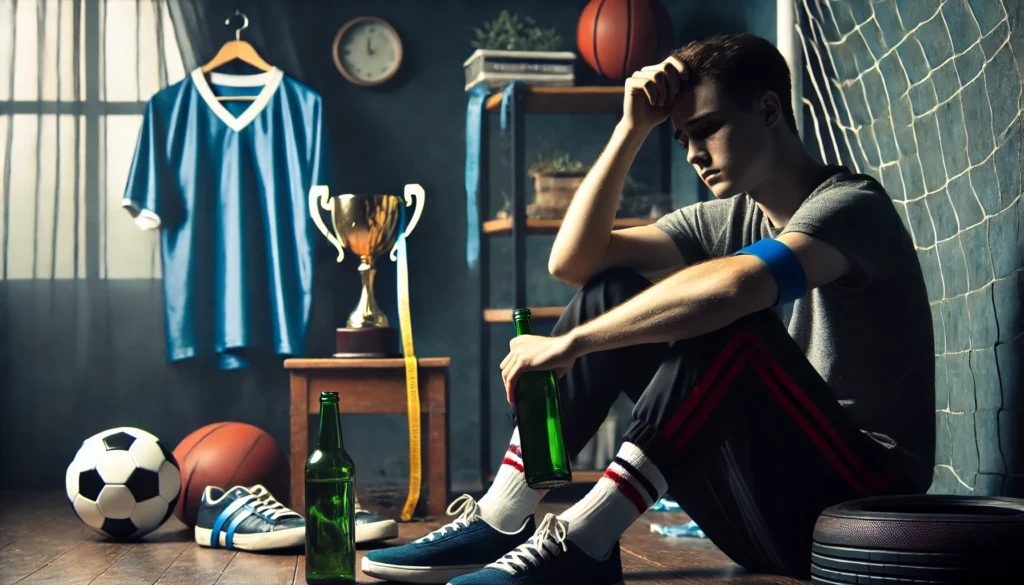 A young athlete sitting in a dimly lit room, holding a bottle of alcohol with a stressed and exhausted expression. The background includes sports gear and a distant trophy, symbolizing the pressure of competition and the unhealthy coping mechanism of substance abuse.