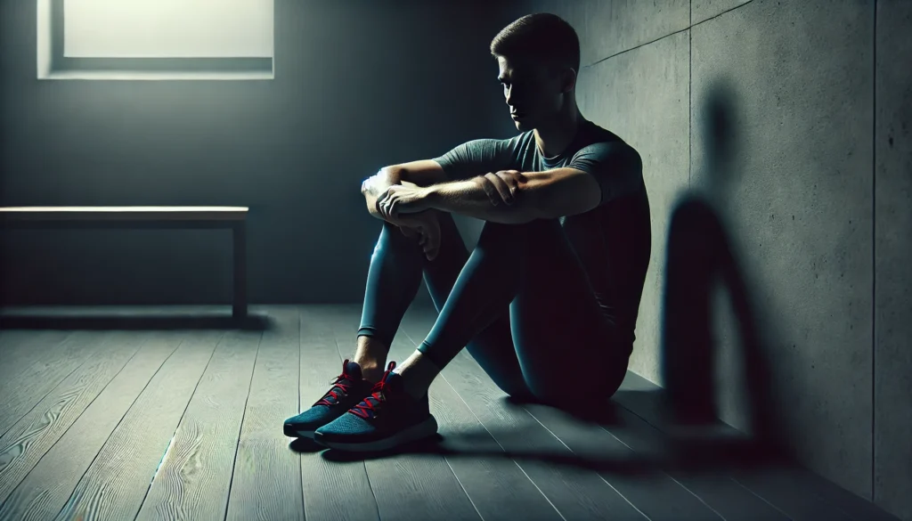 A solitary athlete sitting in a dark room, feeling isolated and withdrawn due to stress from sports. The athlete appears distant, avoiding eye contact, with a solemn expression, highlighting the impact of social withdrawal.