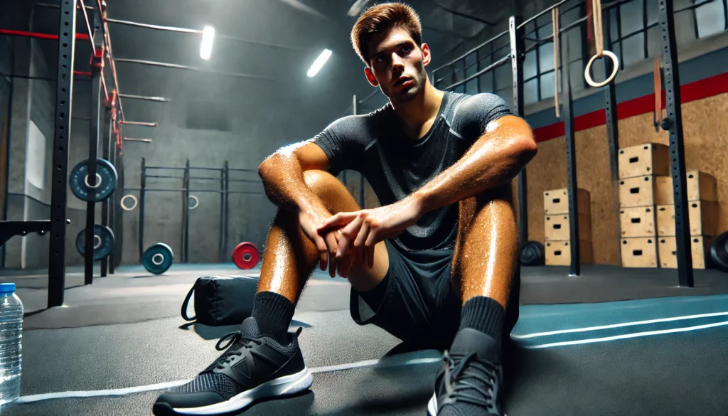 A competitive athlete sitting on the gym floor exhausted, with signs of overtraining such as sweat-soaked clothing and visible fatigue. The athlete looks physically and mentally drained, reflecting the consequences of excessive stress in sports.