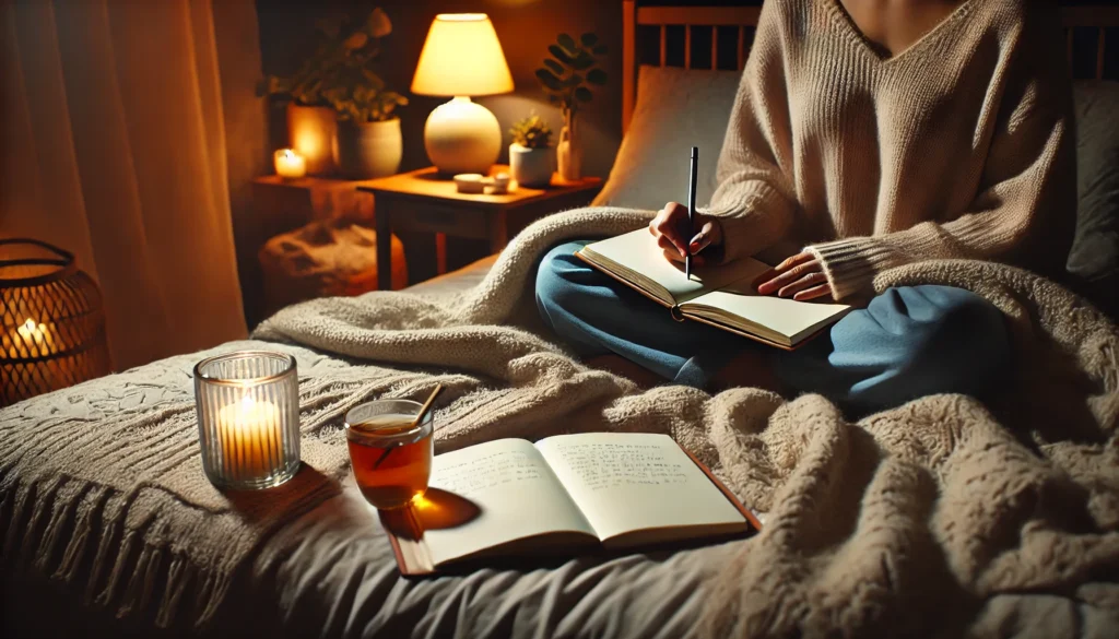 A cozy bedroom at night where an adult is journaling their thoughts as a method to manage anxiety and improve emotional well-being. Journaling is a key anxiety coping skill for adults pdf guides recommend.