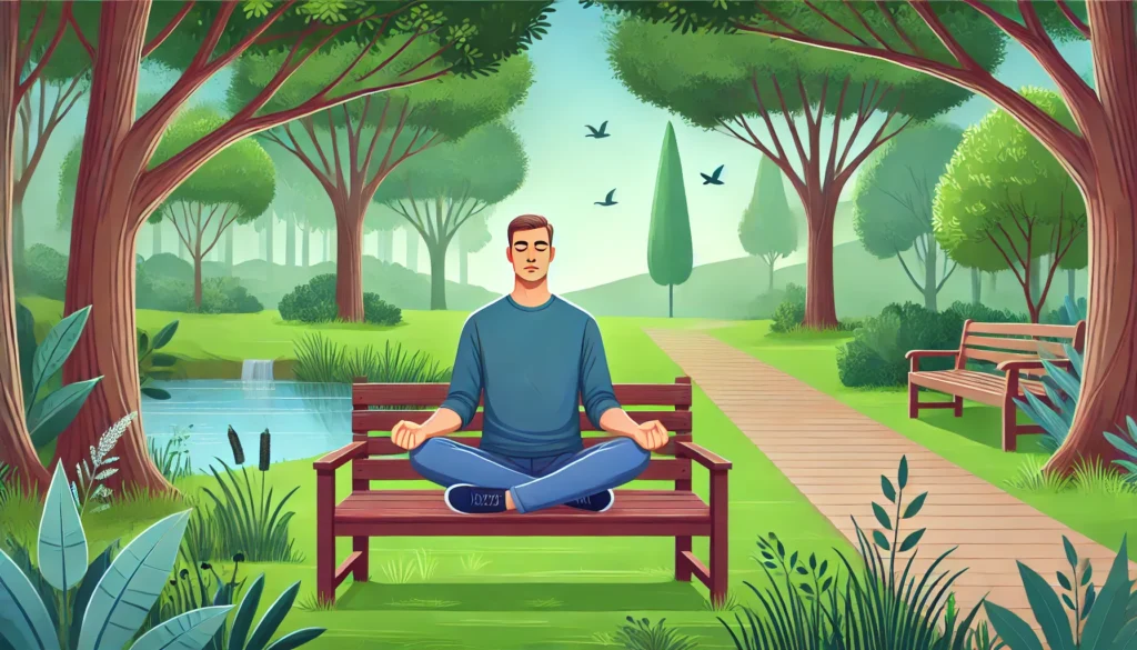 A tranquil park setting where an adult is practicing guided meditation, sitting on a bench in nature. Meditation is a valuable anxiety coping skill for adults pdf resources often highlight.