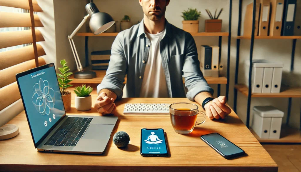 A modern office setting where an adult is using a mindfulness app on a tablet to manage workplace stress. Digital tools are effective anxiety coping skills for adults pdf techniques.