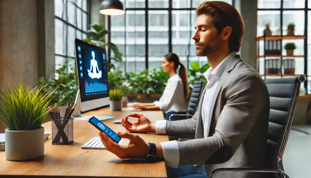 A modern office space where an adult is using a meditation app on their smartphone for relaxation, taking a mindful break in a professional work environment with indoor plants and natural lighting.