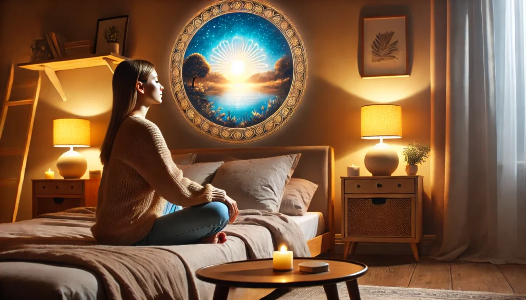 A cozy bedroom at night where an adult is practicing guided visualization for relaxation, sitting on the bed with a calm expression, in a softly lit and serene atmosphere.