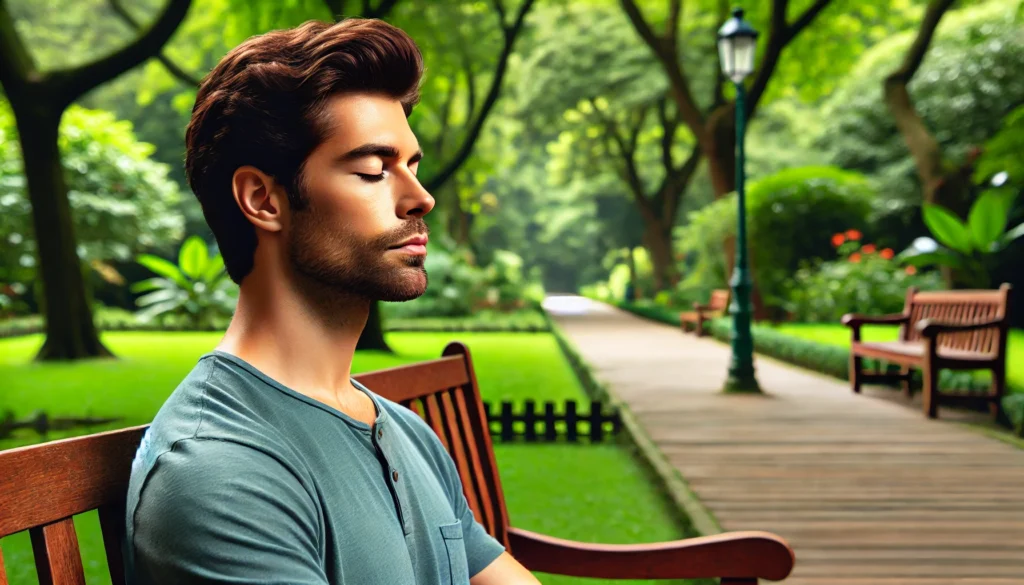 A tranquil park setting where an adult is practicing deep breathing exercises for relaxation. The person is seated on a wooden bench, surrounded by lush greenery.