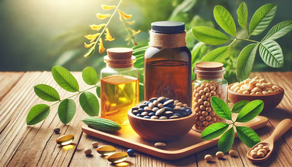 A selection of natural ADHD focus supplements, including L-Tyrosine capsules, Mucuna Pruriens seeds, and Omega-3 fish oil, displayed on a wooden table with fresh green leaves emphasizing their natural origins."