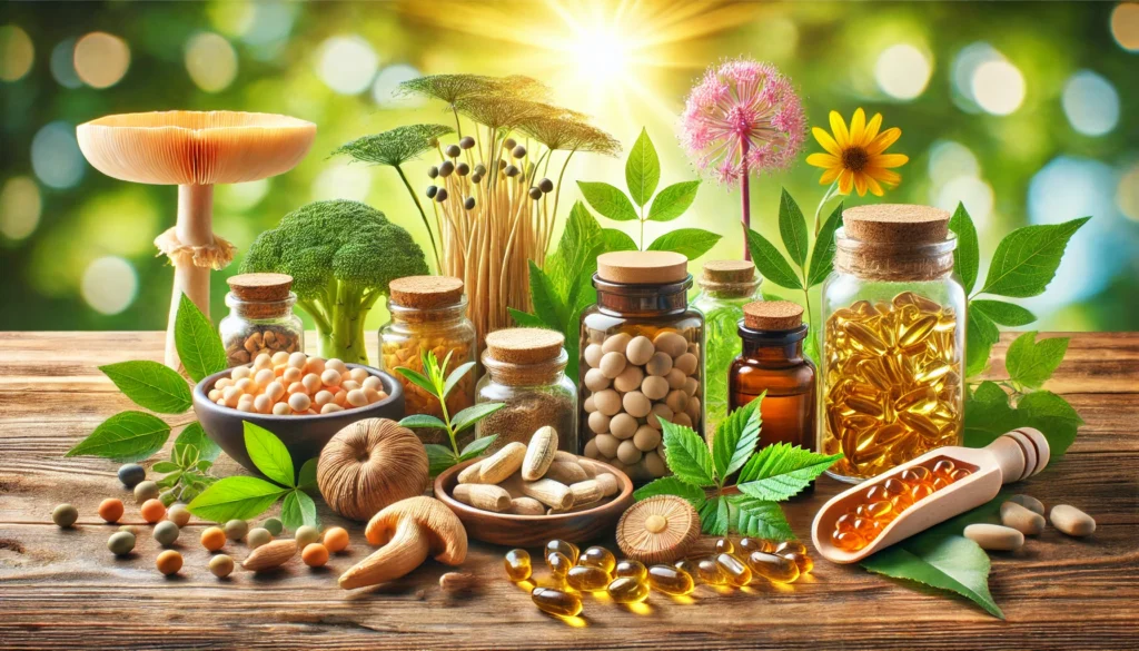  "A vibrant display of natural ADHD focus supplements, including L-Tyrosine, Mucuna Pruriens, Omega-3 fish oil capsules, Ginkgo Biloba leaves, and Rhodiola Rosea roots, arranged on a wooden table with a bright, natural background."