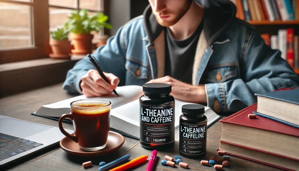 "A student studying with a cup of coffee and a bottle of L-Theanine and caffeine supplements on the desk, highlighting notes in a textbook in a well-lit setting, emphasizing focus and mental performance."