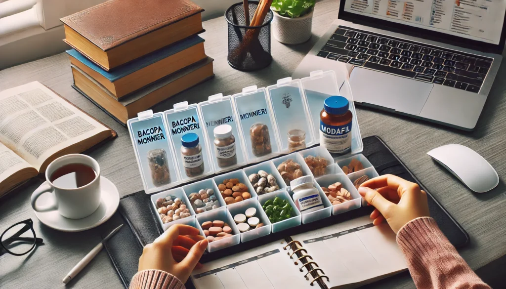 A student organizing their daily nootropic supplements, including Bacopa Monnieri and Modafinil, in a pill organizer on a tidy study desk with books, a planner, and a cup of tea, highlighting a structured cognitive enhancement routine."