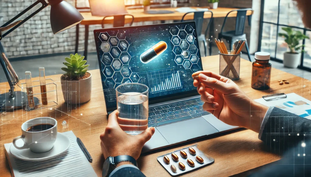 A person taking a synthetic nootropic capsule with a glass of water at a modern, well-lit workspace with a laptop, notepad, and cup of coffee, symbolizing enhanced focus and cognitive performance."