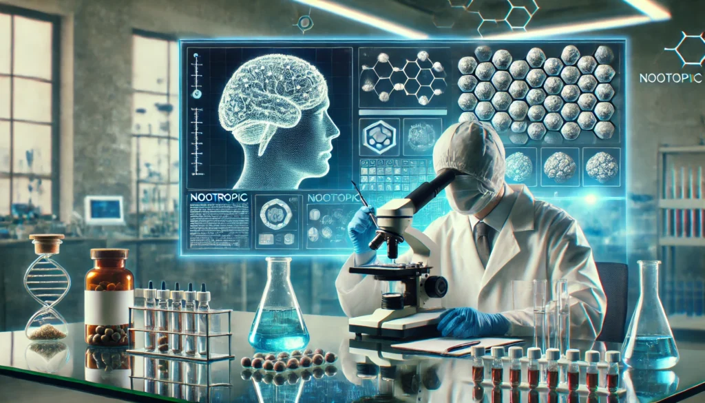 "A researcher in a laboratory analyzing nootropic compounds under a microscope, surrounded by scientific instruments, glassware, and a digital data display, emphasizing the scientific approach to cognitive enhancement research."